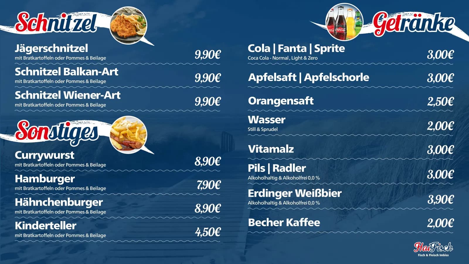 Haifisch Imbiss: Speisekarte: Schnitzel, Getränke, Sonstiges