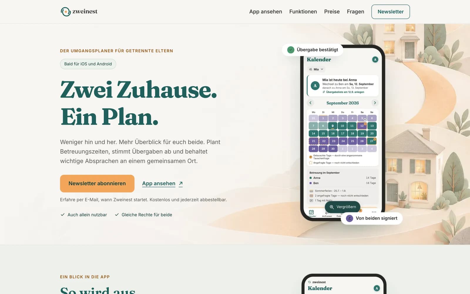 Zweinest — Website, Desktop-Ansicht